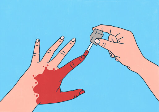 Red fingernail polish spreading across hand of woman giving herself a manicure