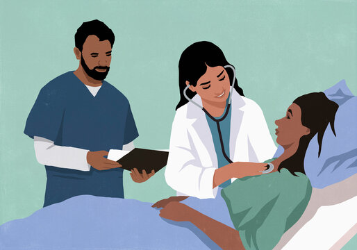 Female doctor with stethoscope examining heartbeat of patient in hospital bed