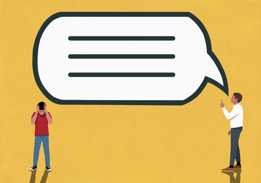 Large speech bubble looming above and between father talking to frustrated son with head in hands