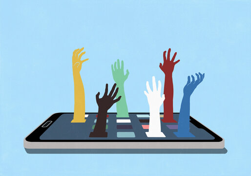 Multicolored hands reaching up from smart phone screen