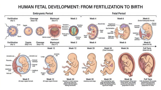 Human fetal development chart. Medical illustration of pregnancy stages from fertilization.