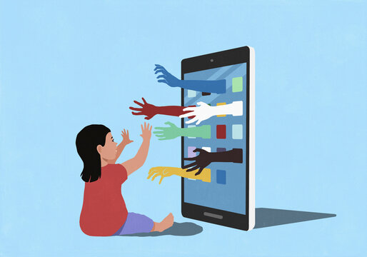 Toddler girl waving at multicolored hands reaching out from mobile apps on smart phone screen