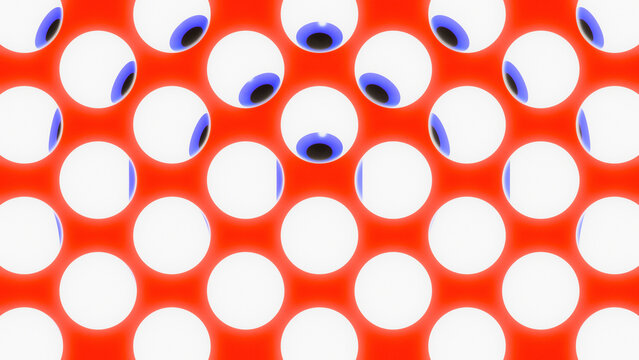3D illustration of a cartoon eye pattern on red background