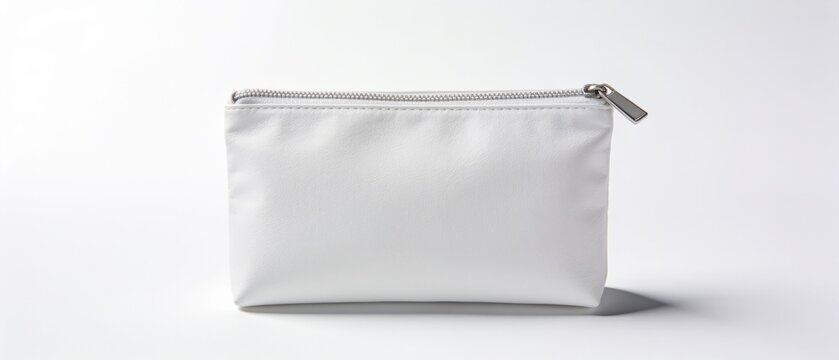 Minimalist white zippered pouch with clean flat lay design for modern packaging and branding