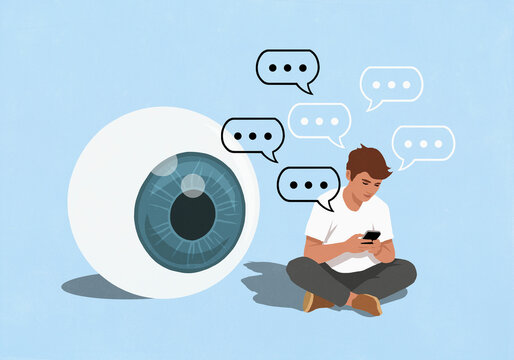 Large eyeball watching young man text messaging on blue background