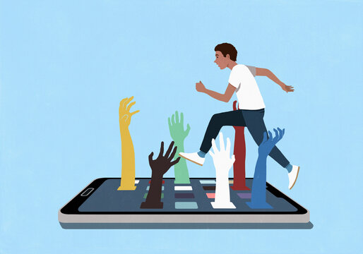 Man trying to jump over hands extended from mobile apps on smart phone screen