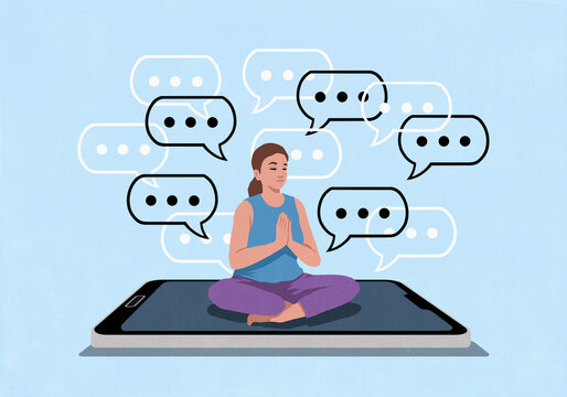 Speech bubbles surrounding serene woman meditating with eyes closed on smart phone screen