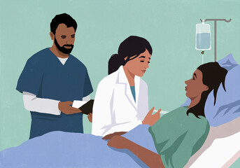 Female doctor with syringe giving patient a shot in the arm in hospital room