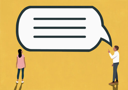 Large speech bubble between talking man and listening woman