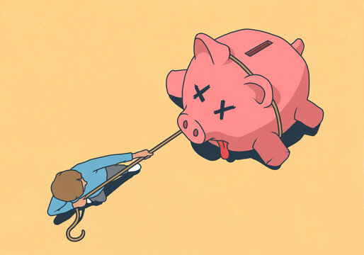 Man with rope dragging dead piggy bank on yellow background