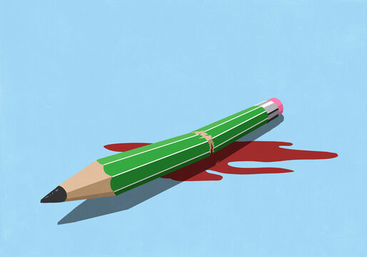 Puddle of blood below broken pencil on blue background