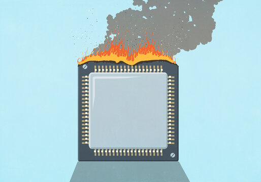 Computer chip on fire against blue background