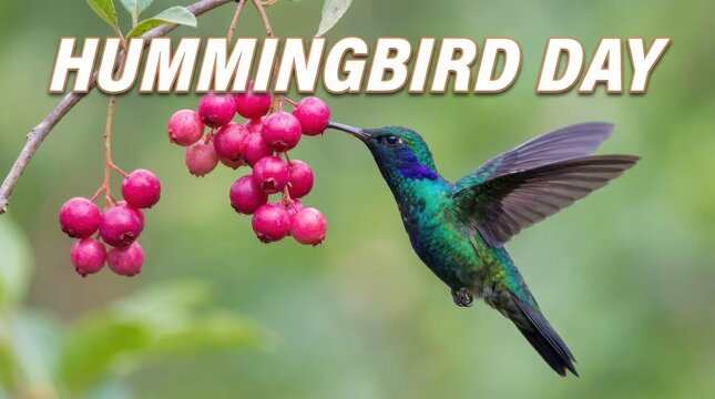 Hummingbird feeding on red berries. Vibrant iridescent bird hovering near wild fruit.