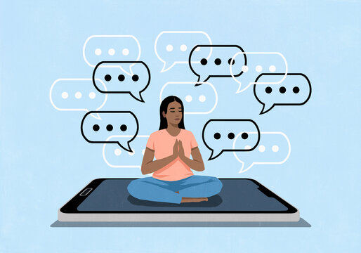 Speech bubbles surrounding serene woman meditating with eyes closed on smart phone screen