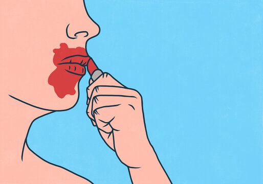 Close up of woman applying red lipstick messily, spreading around her lips