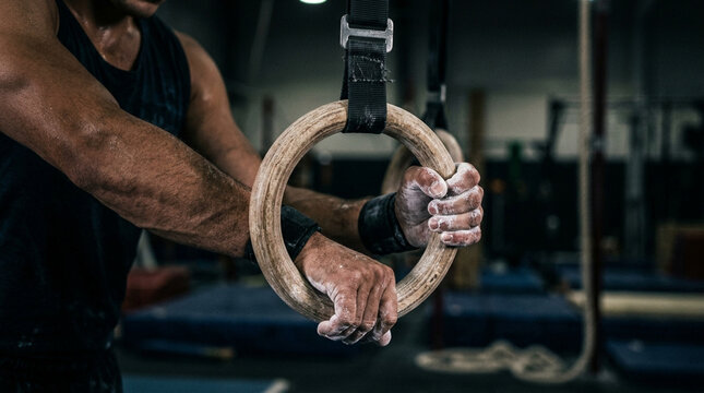 Man holding gymnastic rings, strength training, bodybuilding, fitness, gym workout