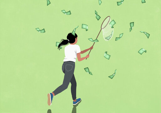 Woman with butterfly net catching falling dollar bills against green background