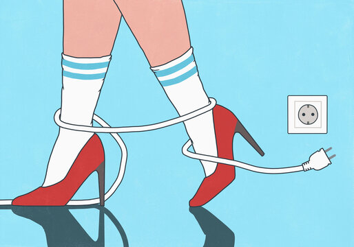 Electrical cord wrapped around ankles of woman in tube socks and red high heels - tripping hazard
