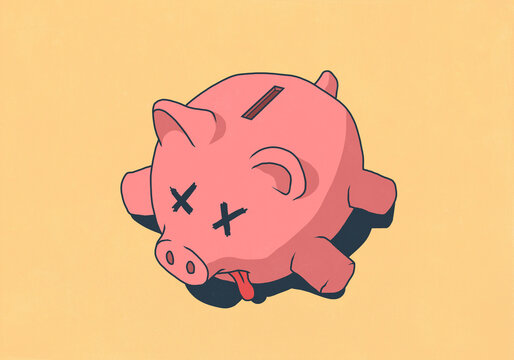 High angle view of dead piggy bank collapsed on yellow background