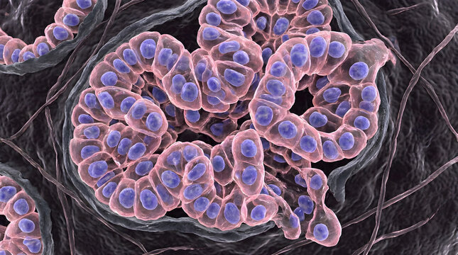 Prostate cancer cells isolated on black. Microscopic view of malignant tumor cell growth.