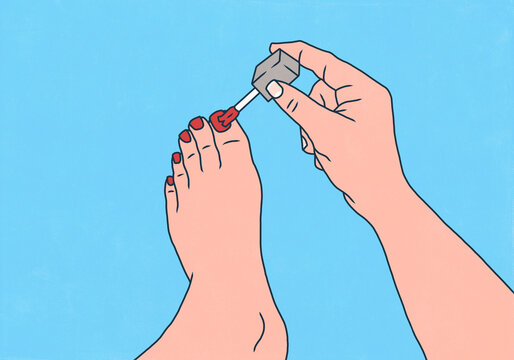 Personal perspective of woman painting her toenails with red nail polish against blue background