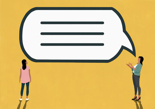 Daughter looking up at large speech bubble as mother talks and gestures