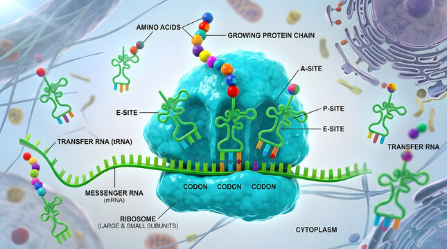 Protein synthesis in cytoplasm. Ribosome translating mRNA into polypeptide chain.
