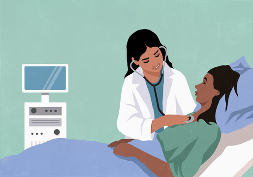 Friendly female doctor with stethoscope examining female patient in hospital room