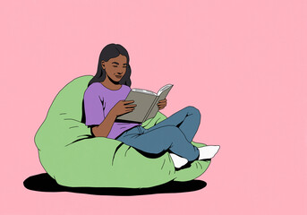 Young woman reading book on bean bag chair against pink background