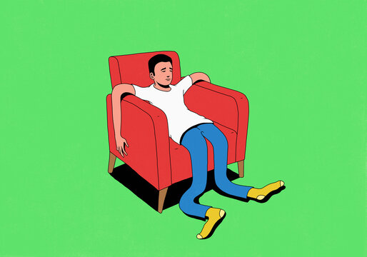 Tired man with floppy legs reclining in red chair on green background