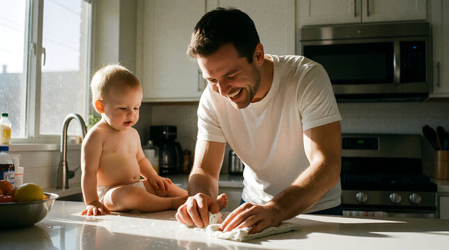 Authentic candid moment of a happy father laughing while baking with his toddler in a bright kitchen.
