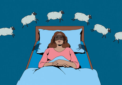 Woman with insomnia laying in bed counting sheep overhead