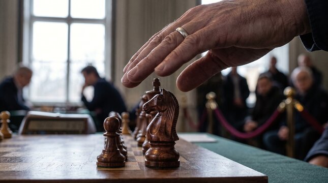 Human hand hovering over knight chess piece during intense strategic board game match