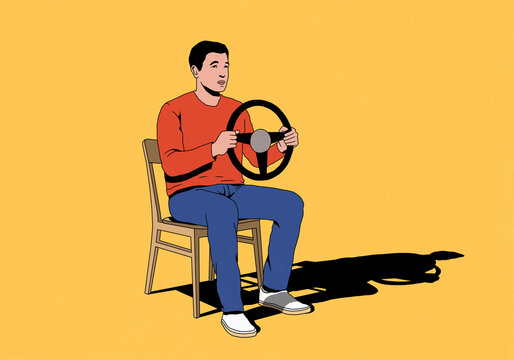 Man sitting on chair holding steering wheel against yellow background