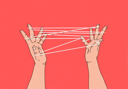 Cat's cradle - crisscross string between two hands on bright red background