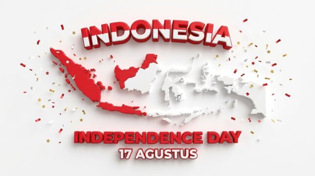 Indonesia Independence Day 3D map. National holiday celebration with red and white design.