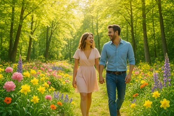 Naklejka premium Couple Strolling in Vibrant Spring Garden