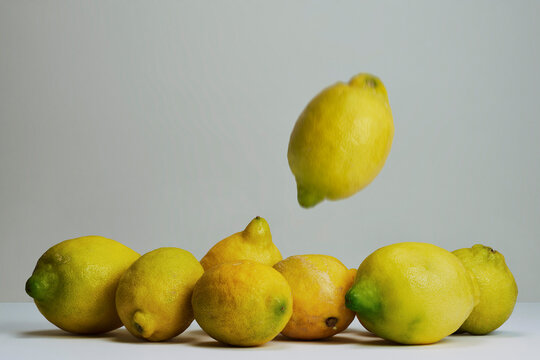 Blurred yellow lemon falling toward other lemons on surface against gray background