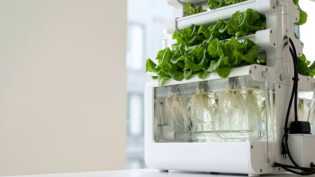 Sleek hydroponic system with transparent tubing and lush green root growth copy space on left side