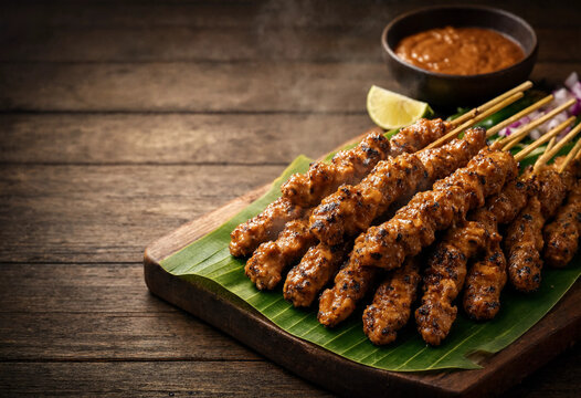 Indonesian chicken satay sate ayam served with peanut sauce, lime, and chili top view flat lay