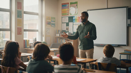 Obraz premium Black Male Teacher Primary School Smartboard Teaching Diverse Students Classroom Education Leadership