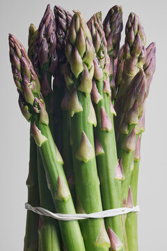 Close up still life of green asparagus with purple tips tied in a bunch against gray background