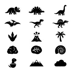 Create a premium collection of exactly 25 unique solid black silhouette vector icons related to Cute Dinosaurs. Include: T-Rex, Triceratops, Stegosaurus, Brachiosaurus, Ankylosaurus, Parasaurolophus,  © Shahariar