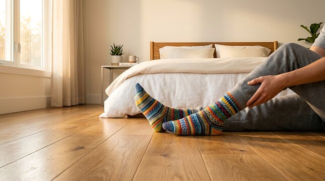 A person wearing colorful striped socks sits on a warm wooden floor in a sunlit bedroom, holding their leg.