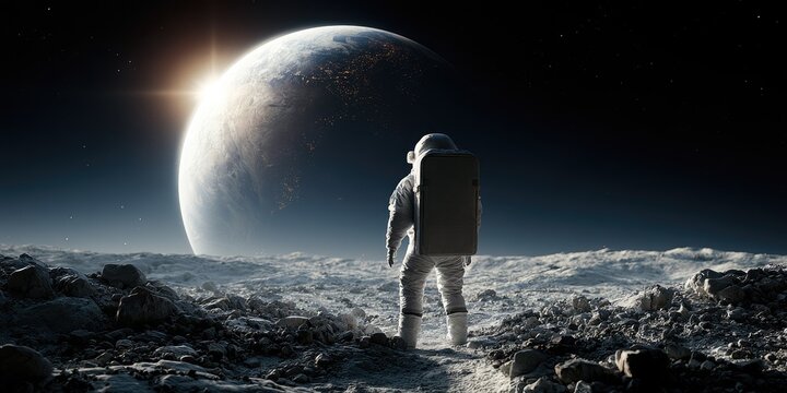 Astronaut stands on alien planet surface looking at a large planet in the sky.