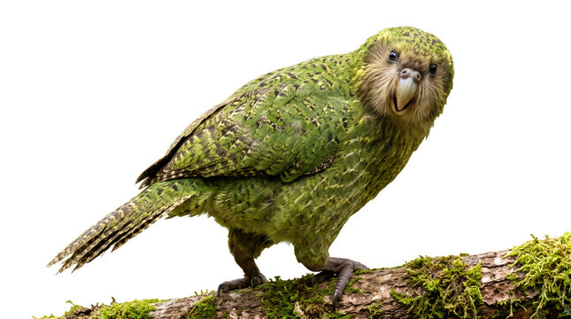 Kakapo looking over its shoulder with curious expression, full body isolated background