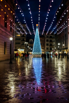 Spain, Gijon, lighted Christmas tree at pedestrian area on a rainy day in the evening