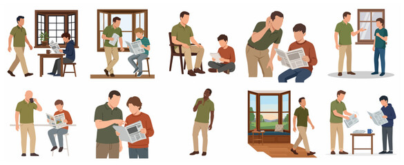 Father and Son Daily Routine Vector Illustration Set, Reading Newspaper and Talking Together at Home