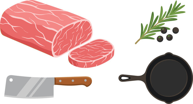Raw beef tenderloin meat vector cooking illustration set with sliced steak piece heavy metal meat cleaver knife rosemary sprig black peppercorns and cast iron skillet pan isolated on white background