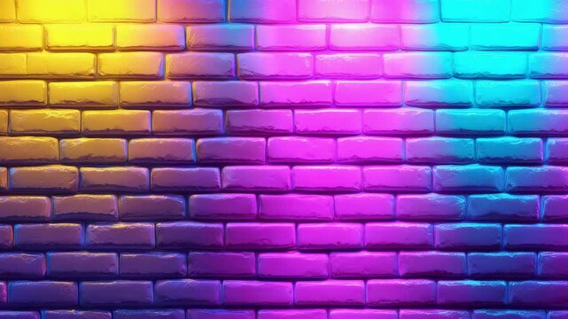 Colorful lights illuminate a brick wall, creating visually striking patterns in a modern setting